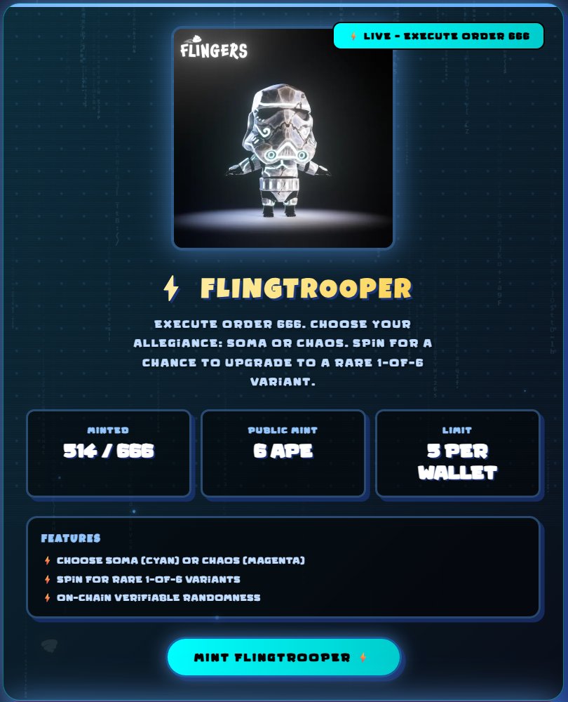 PUBLIC UPDATE

As requested we have upped the public limit to:
5 per wallet

Mint and Spin now @ flingers.xyz