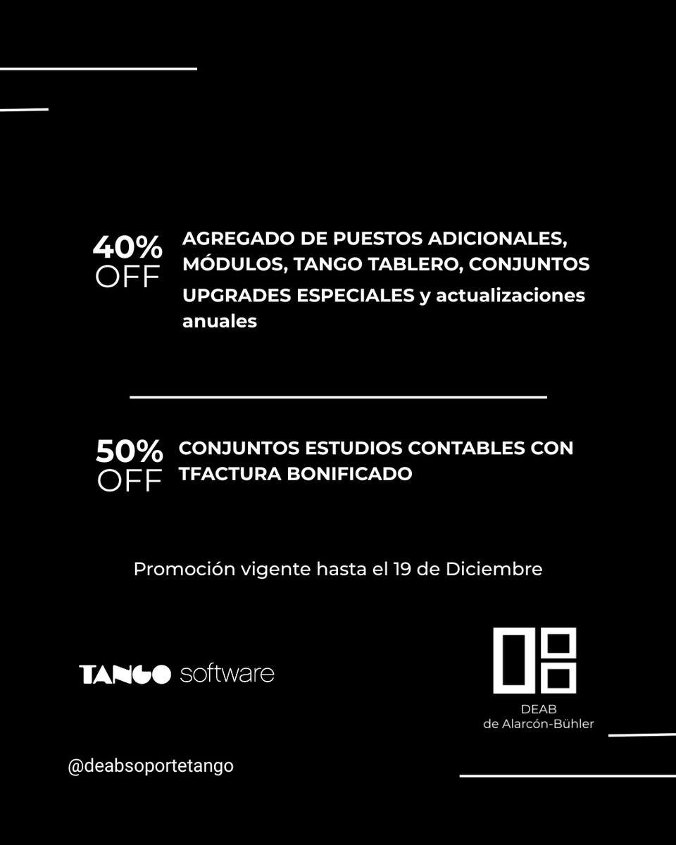 DEABTango's tweet image. 👉 PROMOCIONES DE TANGO
SOFTWARE Diciembre 2025

🔴 Vigente hasta el 19 de Diciembre 2025.

#tangosoftware #soportetango #tangogestion #deab
#dealarconbuhler