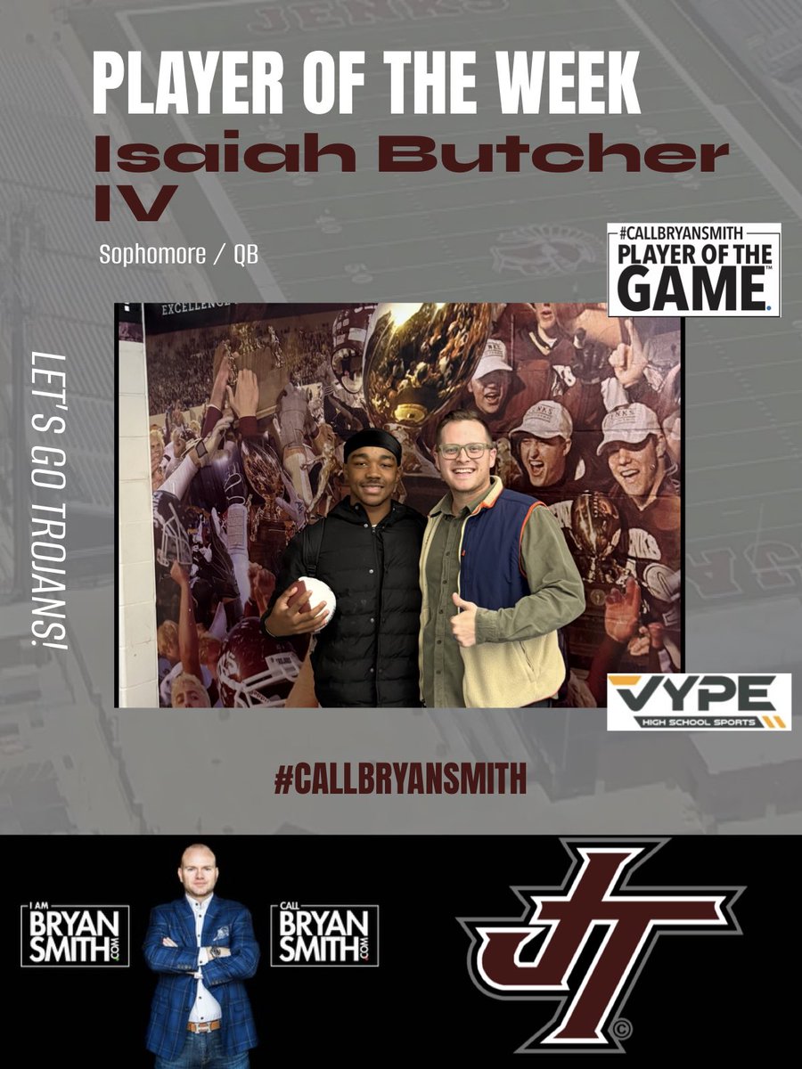iambryansmith's tweet photo. It’s football time in Oklahoma! 

The #callbryansmith players of the Game™️ are Nashua Charlson and Isaiah Butcher IV of the Jenks Trojans! 

-VYPE Content Partner-@VYPEOK @NashuaCharlson @isaiahbutcherIV https://t.co/USyyjAdphc