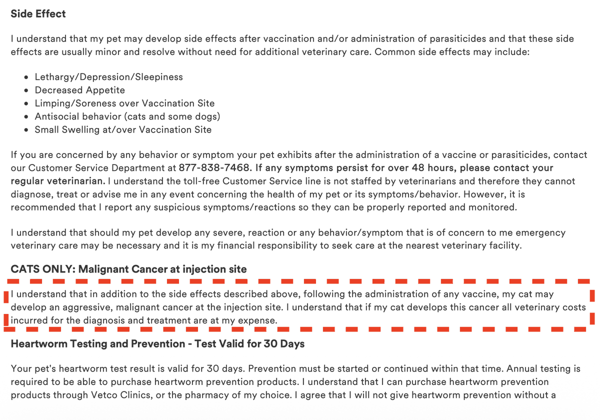 USMortality's tweet photo. "following the administration of any vaccine, my cat may develop an aggressive, malignant cancer at the injection site. [..[] all veterinary costs incurred for the diagnosis and treatment are at my expense."
Source: Vetco consent form. https://t.co/VpwXZPxmZG