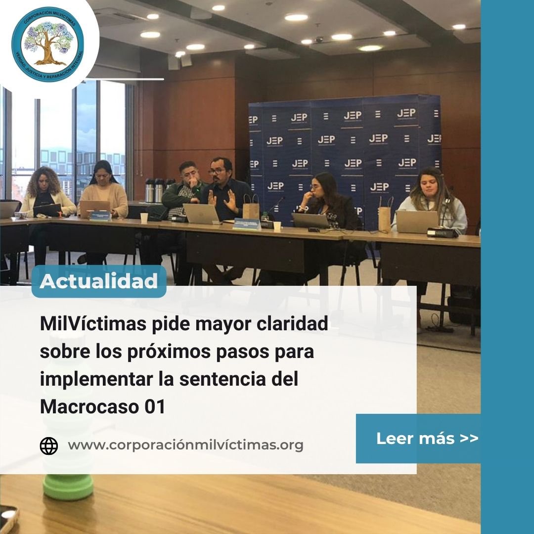 #Actualidad Participamos en el espacio convocado la <a href="/JEP_Colombia/">Jurisdicción Especial para la Paz</a> para conocer los avances en la implementación de la sentencia en macro caso 01. Aunque fue un canal de diálogo, aún se requiere mayor claridad sobre los TOAR y la participación directa de las víctimas.