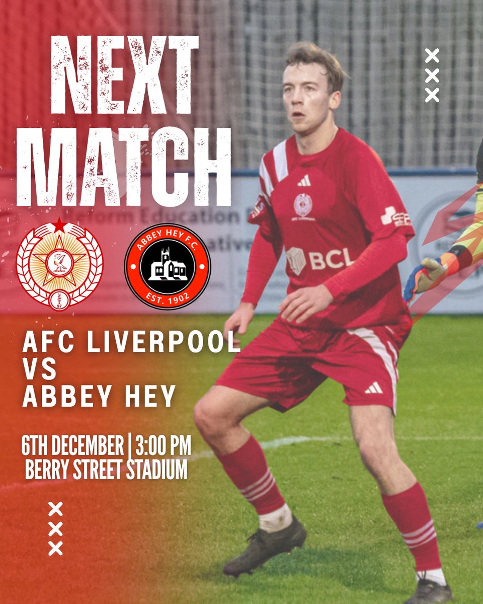 AFCLiverpool's tweet image. We welcome @AbbeyHeyFC to Berry Street Stadium this Saturday in the @nwcfl ⚽️

🏆| @nwcfl Premier Division 
🆚| @AbbeyHeyFC 
📍| Berry Street Garage Stadium
🚗| 4 Vesty Rd, Bootle L30 1NY
📅| Saturday 6th December 
⏰| KO 3:00PM
💳| Cash and Card
📖| Programme £2
🐶| Dogs Welcome…