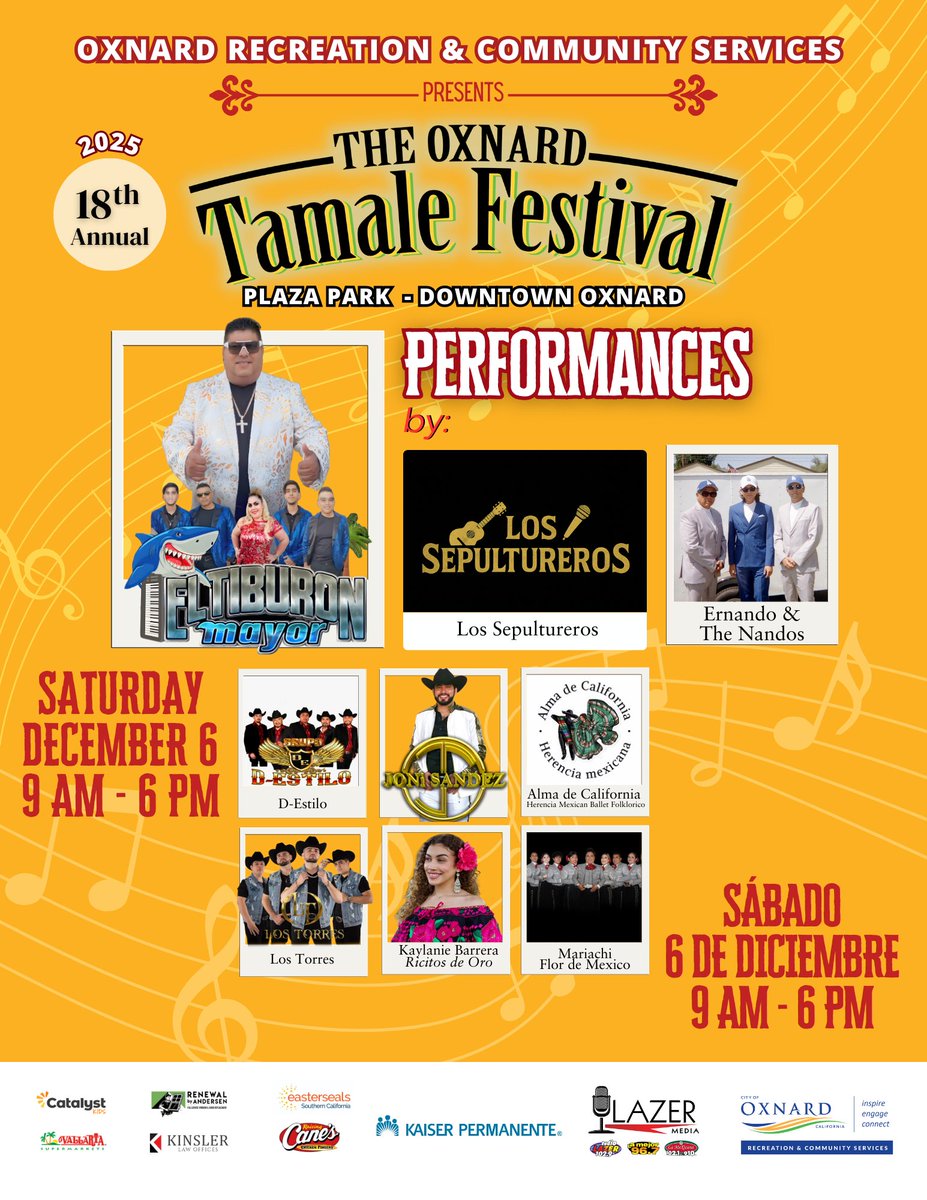 OxnardRecEvents's tweet image. 🎉It’s almost time for one of Oxnard’s favorite traditions, the 18th Annual Tamale Festival!
Big shoutout to Radio Lazer Media for bringing the beats and keeping the energy high!
 📅 Saturday, December 6 | 9 AM–6 PM | Plaza Park
