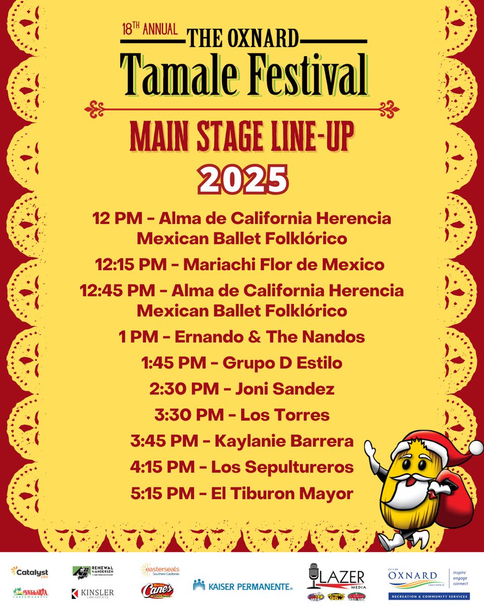OxnardRecEvents's tweet image. 🎉It’s almost time for one of Oxnard’s favorite traditions, the 18th Annual Tamale Festival!
Big shoutout to Radio Lazer Media for bringing the beats and keeping the energy high!
 📅 Saturday, December 6 | 9 AM–6 PM | Plaza Park
