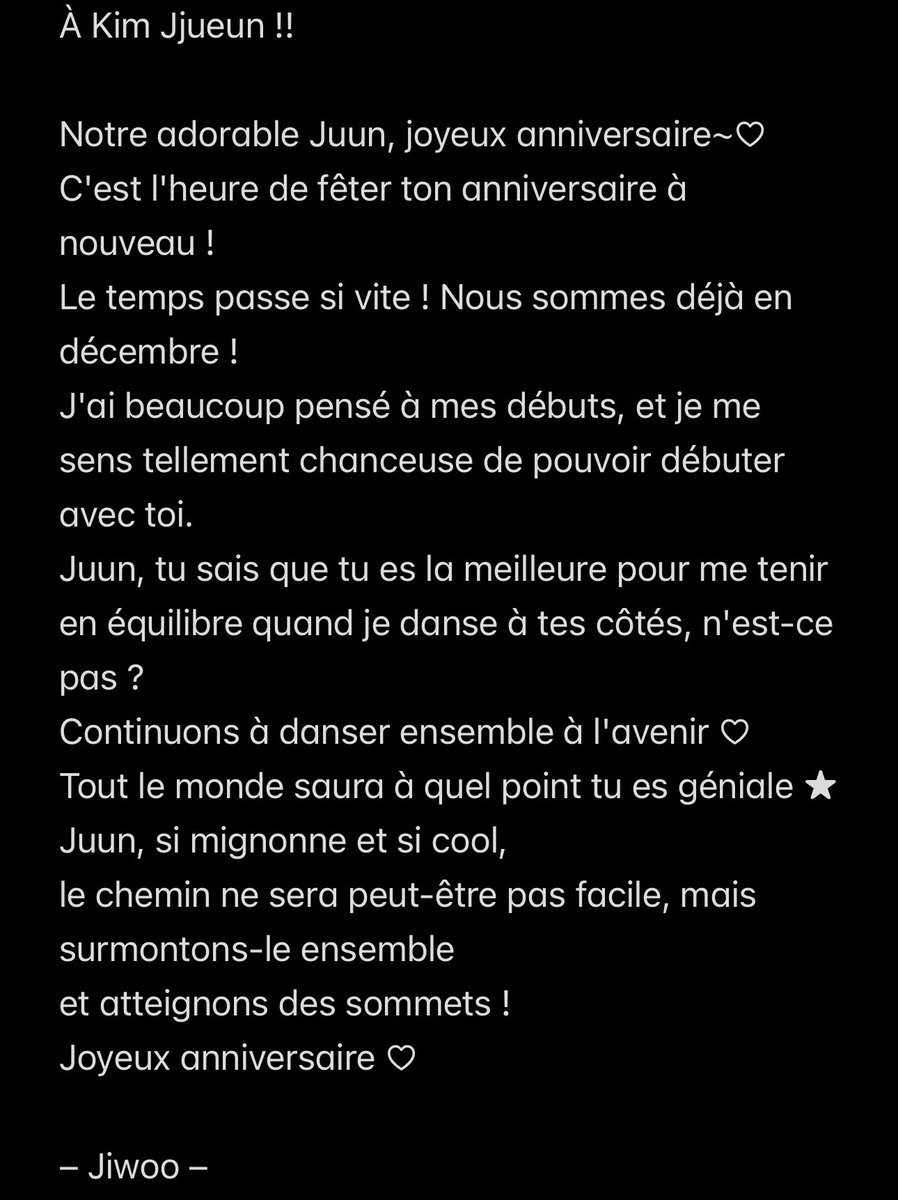› ANNIVERSAIRE • 02.12.25

> Traduction du messages de Jiwoo (<a href="/Jiwoo_France/">Jiwoo France</a>) pour l’anniversaire de Juun 

Dancing Queen Juun Day
#주은이생일이왔쭌 #HAPPYJUUNDAY #Sweet17thJuunDay
 #JUUN #주은

#주은 #HEARTS2HEARTS #하츠투하츠 #H2H