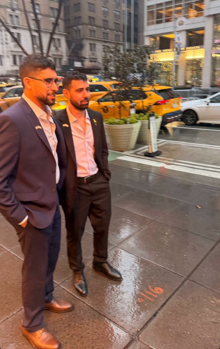 Former hostages and best friends Evyatar David and Guy Gilboa-Dalal, looking sharp on their trip to the states. 🇺🇸 🇮🇱