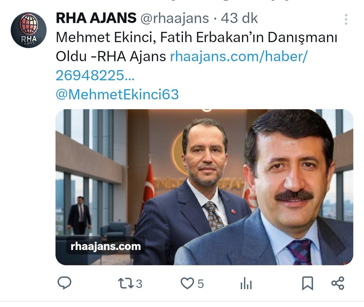 Eyyübiye Belediyesi Kurucu Başkanı ve Yeniden Refah Partisi MKYK Üyesi sayın Mehmet Ekinci Genel Başkanımız Dr. Fatih Erbakan’ın danışmanlığı görevine getirildi. Kendisine hayırlı olsun diyor, görevinde başarılar diliyorum. <a href="/MehmetEkinci63/">Mehmet EKİNCİ 🇹🇷</a>