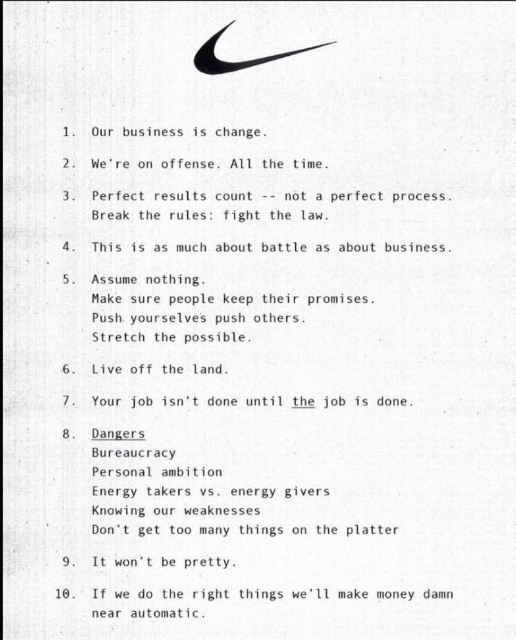 truecost's tweet photo. Somehow SV bros think they invented intensity with "996" - as though previous generations of founders didn't do the same?

Here's a late 1970's Nike memo dictating the rules of the game.

A lot to like here - but in addition to what's said, what's great is what isn't.

It wasn't then - and isn't now - about the number of hours. It's about getting the job done, and getting it done right.

Stop focusing on how many hours your team spends in the office - focus on the results!