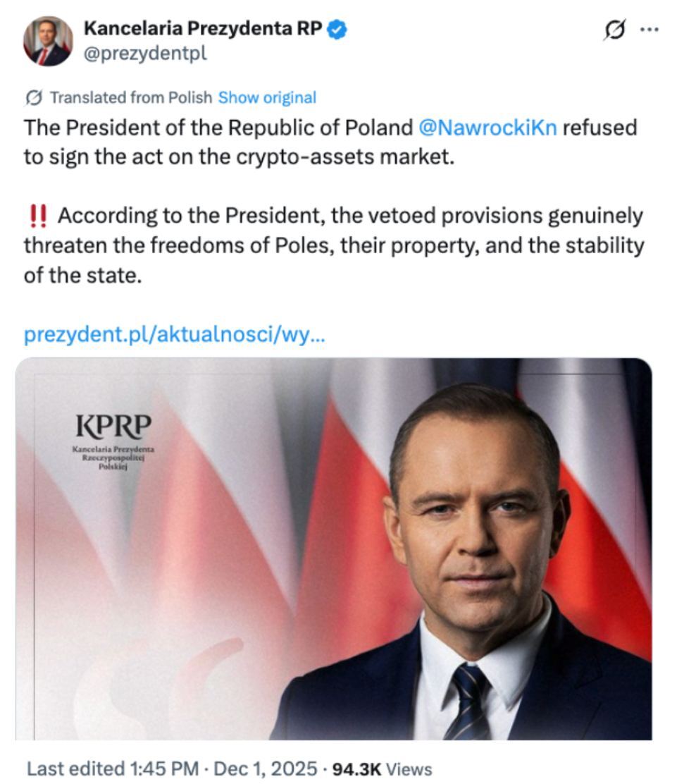 🔴COINTELGRAPH: Il presidente della Polonia veto a una legge sulle criptovalute: "minaccia libertà e innovazione"