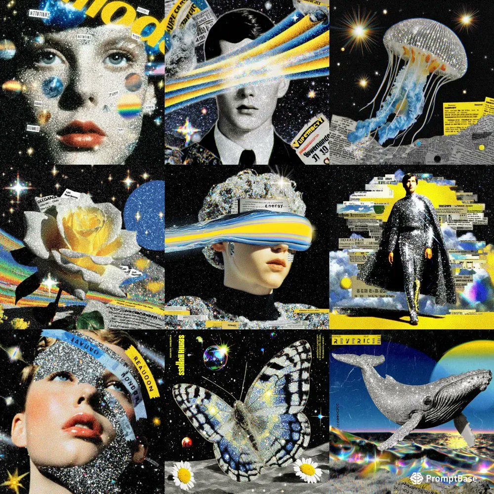 promptbase's tweet image. Space Age Dream Collages by @sjj_design using Midjourney 🚀🌌