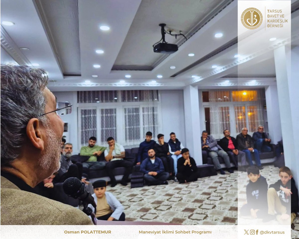 dkvtarsus's tweet photo. İmam Hatip Sn. Osman Polattemur hocamızın gönüllerimize dokunan sohbetiyle, manevi değerlerimizi yeniden hatırlama ve derinleşme fırsatı bulduk.

Katılan tüm kardeşlerimize teşekkür ediyor, bu bereketli buluşmaların devamını diliyoruz.

@dkvtarsus
#ilim #ahlak #hareket https://t.co/dQZrOqmeEW
