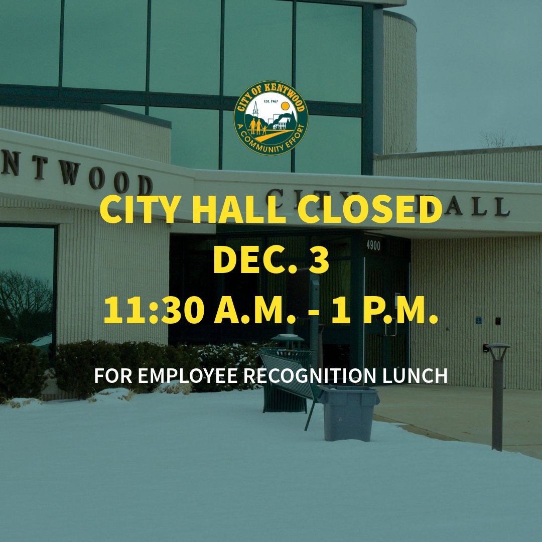 Hey there, KW! City Hall will be closed tomorrow, Dec. 3 from 11:30 a.m. to 1 p.m. for our annual Employee Recognition Lunch!

Thanks for your understanding 🙌