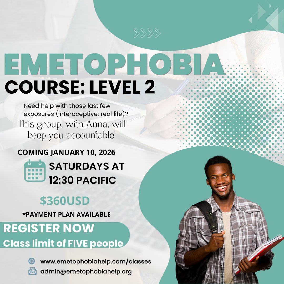 Still working on your #emetophobia? Anna Christie offers 6 classes over 12 weeks. In class, you’ll plan and be held accountable for those tricky interoceptive exposures and more. Classes begin Jan. 10th, 2026. Class size is limited to 5, so register now. https://link.conte...