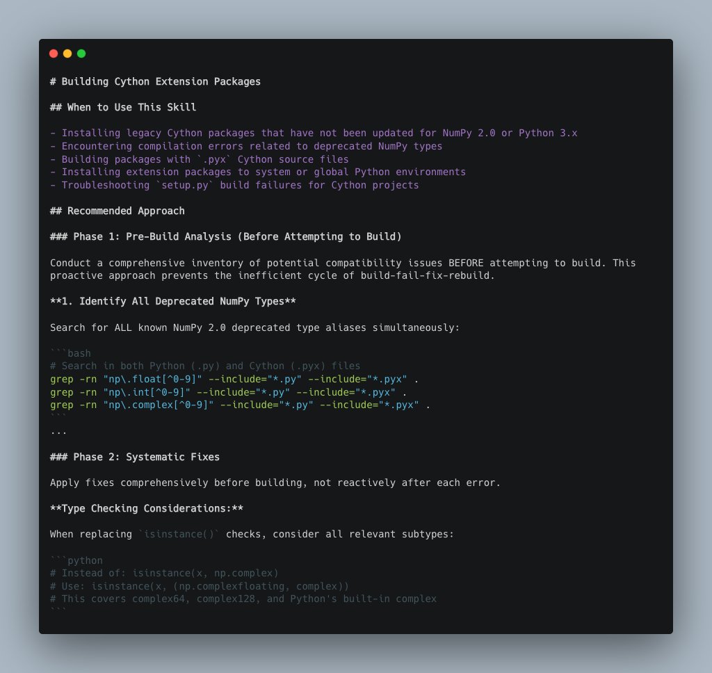 Letta_AI's tweet image. Learned skills are a context-efficient way to remember learnings for future tasks. For example, in the &quot;build-cython-ext&quot; task for Terminal Bench, the agent forms a skill directing future agents to start with a pre-build analysis (rather than directly building).