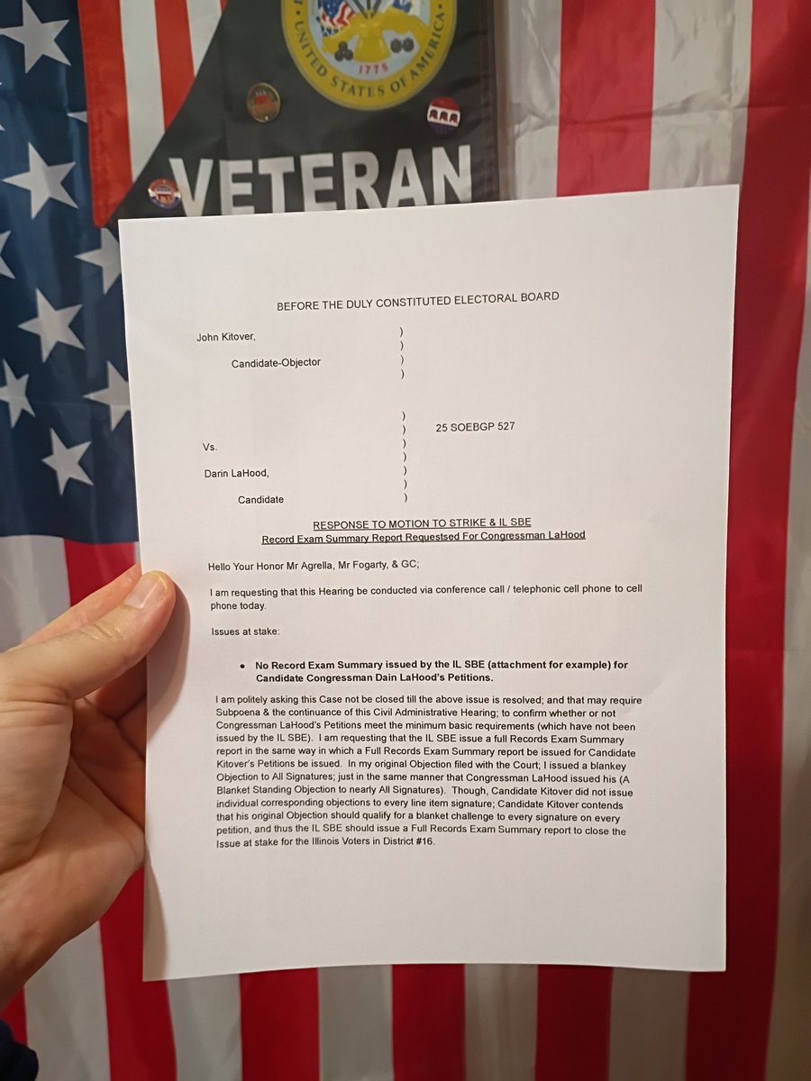 FYI both of my Objections were Dismissed today 🗳️🗳️ &amp; yesterday, unbeknownst to me, LaHood vs Kitover was dismissed as well, and no further hearing will be had. The IL State Board of elections fully audited and checked my Petitions, but issued no audit or check of either LaHood