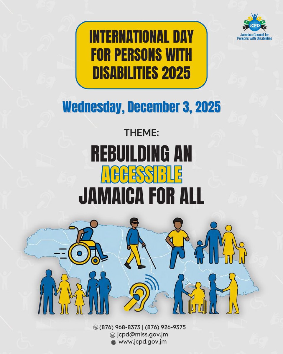 🧭 IDPD 2025
📅 Dec 3
Theme: Rebuilding an Accessible Jamaica for All

Join JCPD as we reflect, participate, and recommit to a Jamaica where everyone has access, dignity, and opportunity. Let’s build a truly inclusive country. 🇯🇲♿

#IDPD2025 #AccessibleJamaica