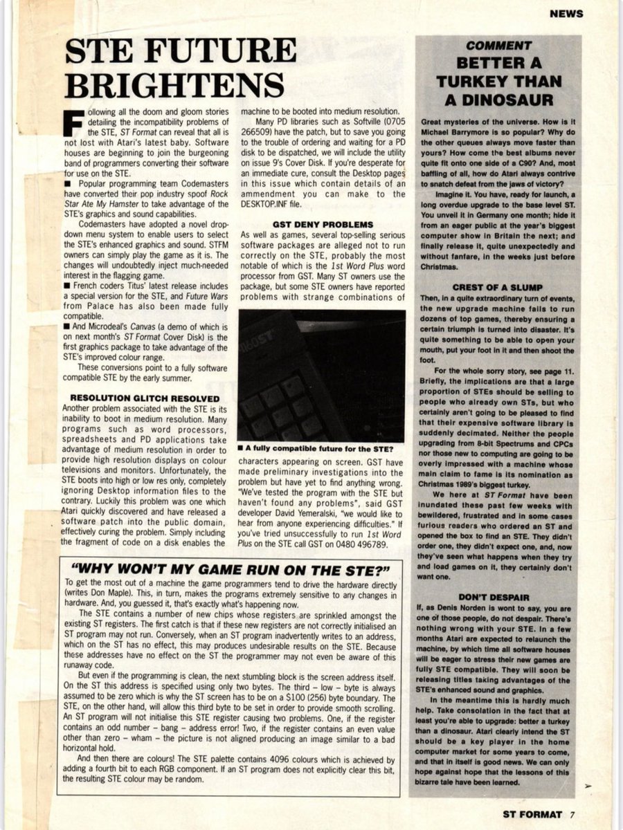 code_wizard_uk's tweet image. 1/x 🧵The Atari STe was a bit of a mess. Various bugs didn’t help but the biggest problem was that it never felt like a significant upgrade to the STFM. Not significant enough to buy a replacement machine for, which was the only upgrade path. What should Atari have done?