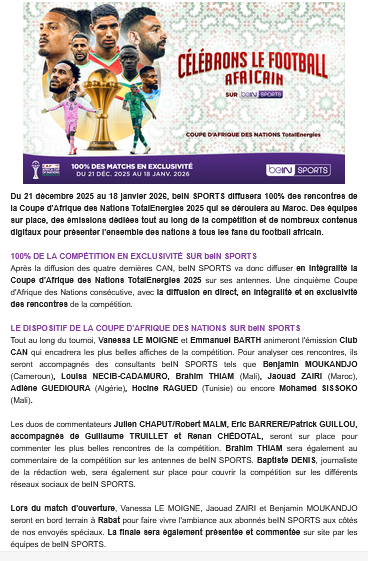 La CAN en intégralité sur beIN SPORTS.
Commentaires : <a href="/Julienchaps/">Julien Chaput</a> / <a href="/RobertMalm/">Robert Malm</a>, <a href="/ebarrere70/">Eric BARRERE</a> / @pguillou42Guillaume
<a href="/truilletgui/">Guillaume</a> / R.CHEDOTAL / <a href="/thiam_brahim/">Brahim Thiam</a>
<a href="/bapt_denis/">Baptiste Denis</a> aussi sur place.
<a href="/Vanessalemoigne/">vanessa Le Moigne 🇫🇷🇩🇿</a> et <a href="/barthemmanuel/">Emmanuel Barth</a> animeront le Club CAN autour des plus belles affiches.
