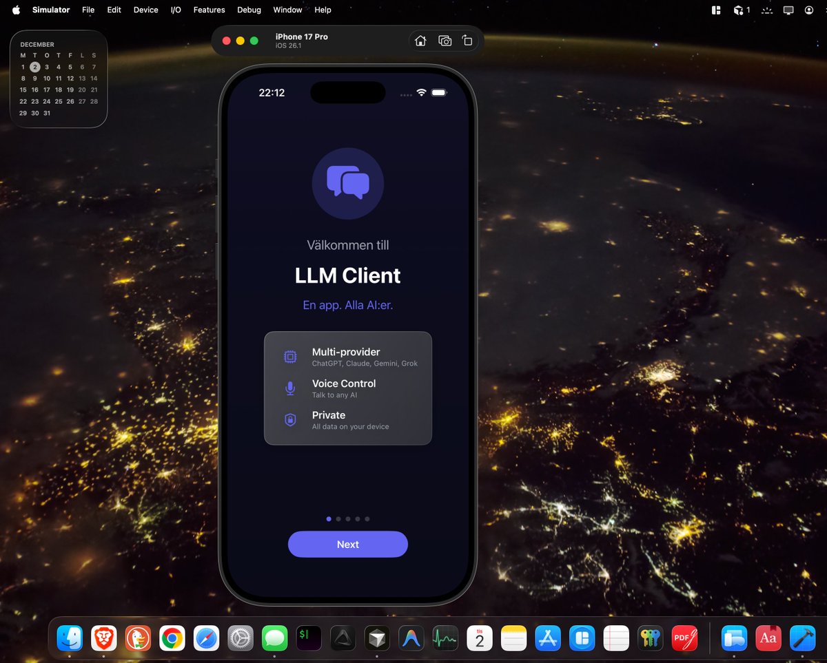 Building LLM Client, a full multi-AI iOS app with local encryption, model streaming, projects,themes, the works.

Everything is hard-coded in English.

iOS (in perfect Swedish): ‘håll min öl’.
Now my UI looks like IKEA instructions translated by a drunk TTS model."