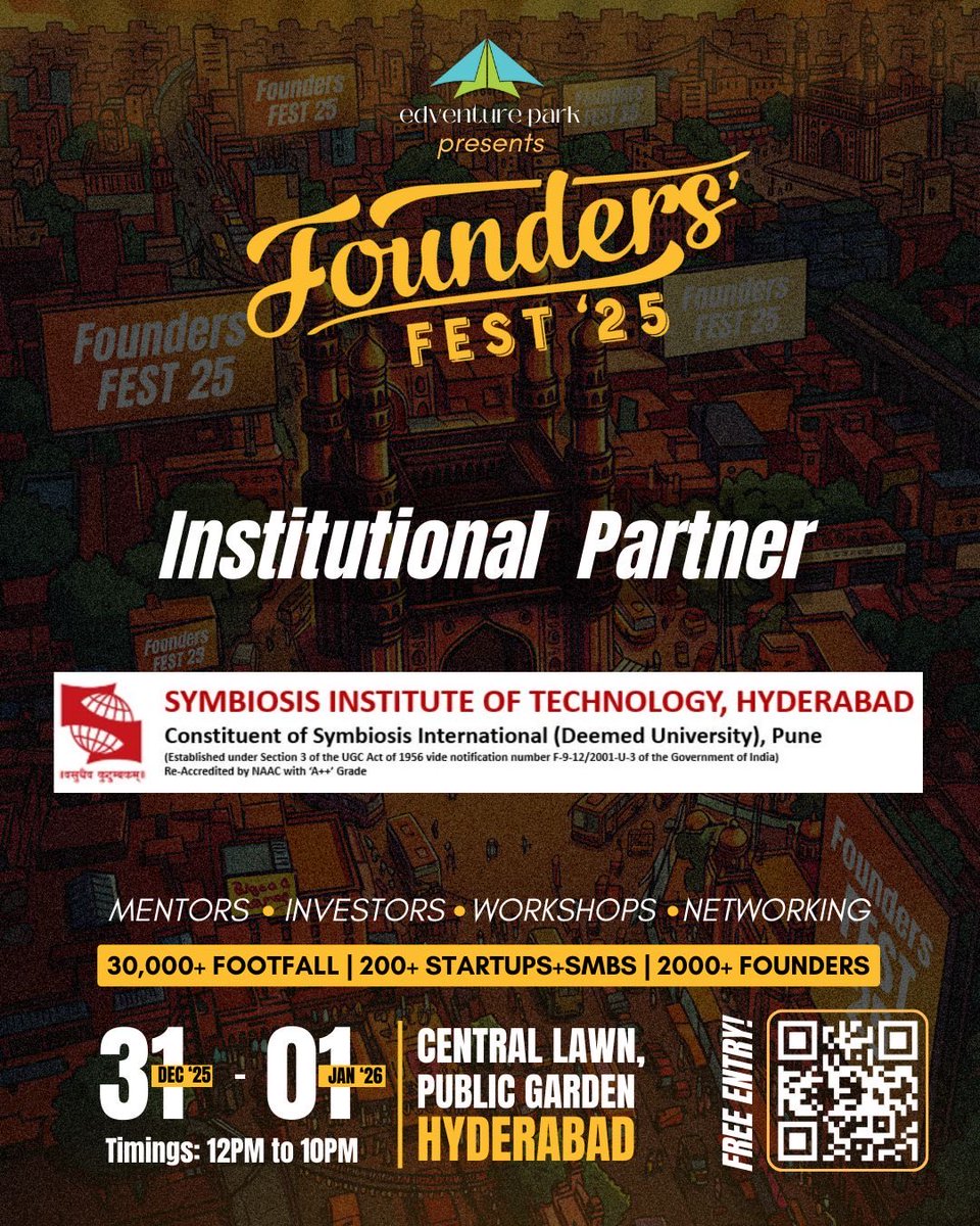 _foundersfest's tweet photo. 🚀 Symbiosis Institute of Technology, Hyderabad joins us as an Institutional Partner - 
a collaboration that brings more young innovators to the forefront of Hyderabad’s growing ecosystem.

#FlyWithEVP #FoundersFest https://t.co/qAnkSDZAGn