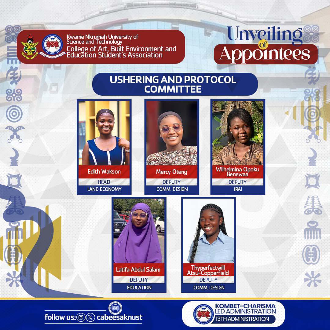 🔵⚪️CABEESA-KNUST
🔰DISPLAY OF APPOINTEES

We are delighted to present the Ushering and Protocol Committee for the 2025/26 CABEESA Administration.
Meet the dedicated team poised to uphold excellence in coordination, etiquette, and event protocol throughout the academic year.✅