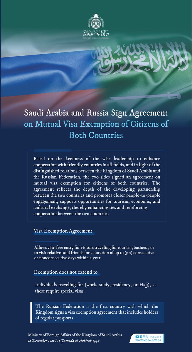 The Kingdom of Saudi Arabia and the Russian Federation sign an agreement on mutual visa exemption of citizens of both countries. 🇸🇦🇷🇺