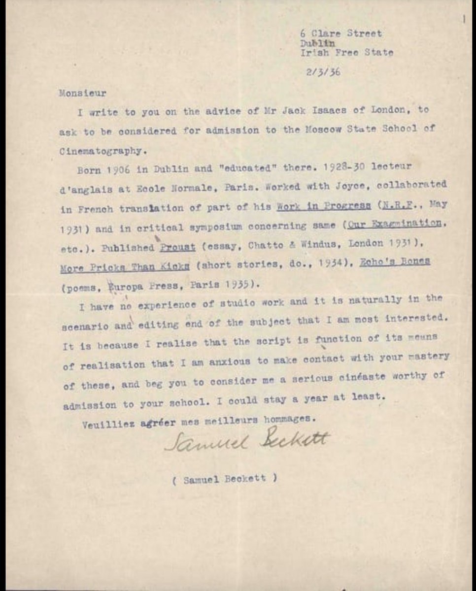 Samuel Beckett's letter to Sergei Eisenstein from 1936, asking to be admitted to his film school