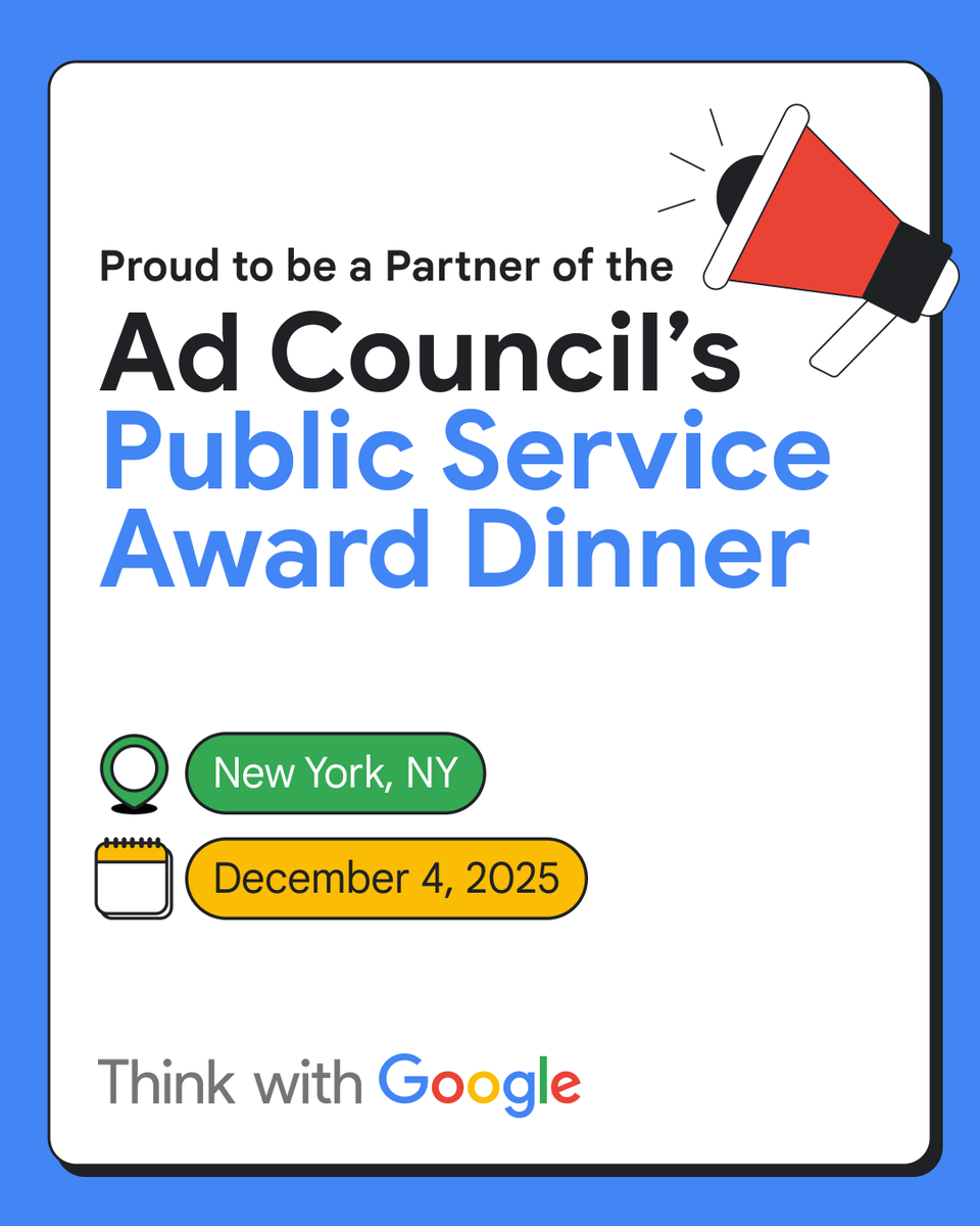 ThinkwithGoogle's tweet photo. NYC-bound ✈️

We’re proud to be a partner of the @AdCouncil's 2025 Public Service Award Dinner. We’ll be joining the industry this week to celebrate the people - and the work - that power progress.

Stay tuned for highlights! #ACDinner https://t.co/UIlf7B1xy4