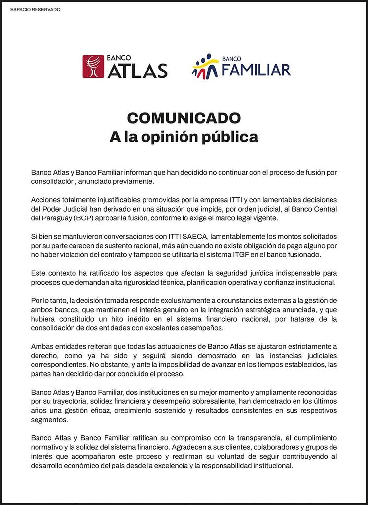 CuartoPoder_Py's tweet image. 🔴GOLPE PARA GRUPO ZUCCOLILLO: CONFLICTO ENTRE ITTI Y BANCO ATLAS HACE FRACASAR FUSIÓN CON FAMILIAR

◾El @bancoatlas y el @banco_familiar, que anunciaron la fusión entre ambas entidades, emitieron un comunicado sobre el proceso, ante publicaciones que cuestionaban su viabilidad…