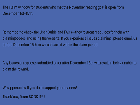 bookitprogram's tweet image. November Reward Claim Period Ends December 15th!