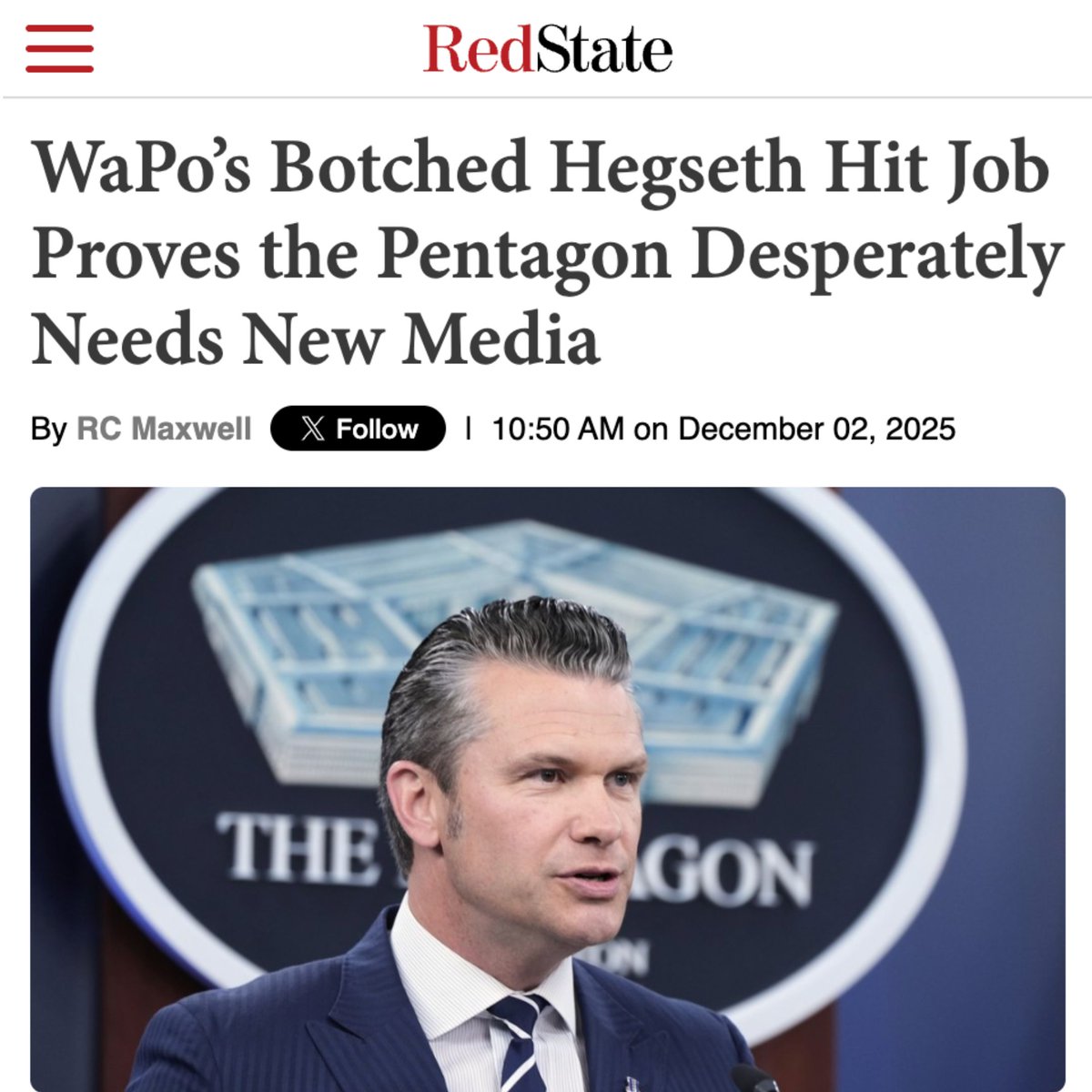 RedState's tweet image. The Washington Post&apos;s failed hit-job on @SecWar has left the liberal outlet looking pathetic.

New media is desperately needed in the Pentagon, argues @RCMaxw3ll.

THREAD 👇