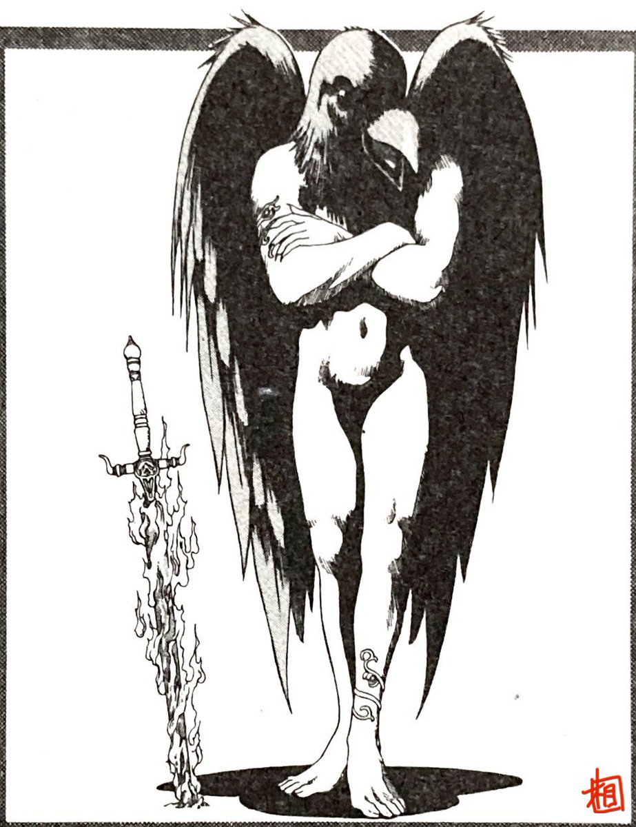 真・女神転生TRPG用に描いた悪魔「アンドラス」です。
アタシが調べた言い伝えでは、「アンドラスは通常、天使の体とカラス（またはフクロウ）の頭部を持つ姿で描かれます」
という事でカラスにしました。

#真・女神転生TRPG
#メガテン
#悪魔
#人外
#オリジナルデザイン
#アンドラス