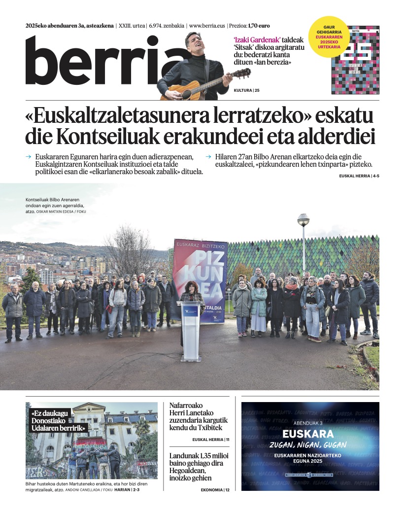 Abenduaren 3ko #lehena «Euskaltzaletasunera lerratzeko» eskatu die Kontseiluak erakundeei eta alderdiei | «Ez daukagu Donostiako Udalaren berririk»
#BERRIAlagun​ok eskura duzue biharko egunkaria PDFan:
berria.eus/hemeroteka-ber…