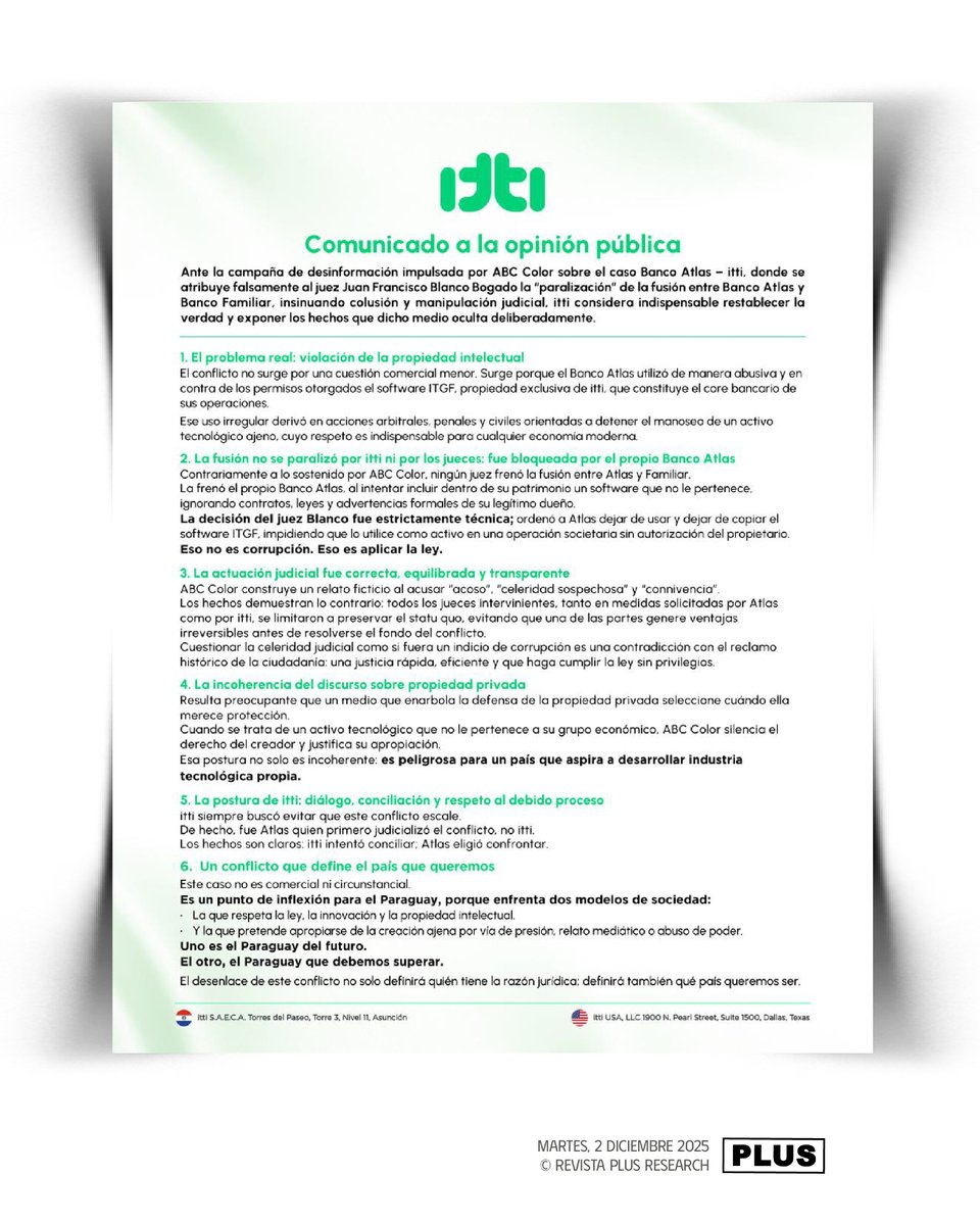 ⚖️💻 itti responde en medio del conflicto con Banco Atlas

La firma cuestiona lo que considera una campaña de desinformación y sostiene que el conflicto con Banco Atlas se originó en el uso indebido de su software. 🧠💼

💬 Asegura además que la justicia actuó con equilibrio ⚖️ y