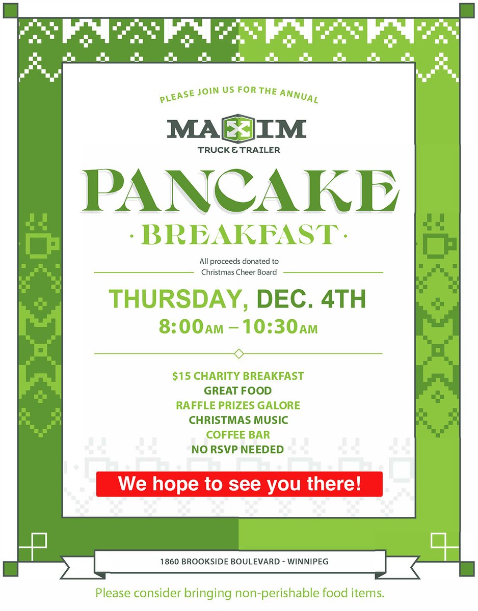 If you're in Winnipeg this Thursday, December 4, make sure to stop by our annual charity pancake breakfast in support of Christmas Cheer Board