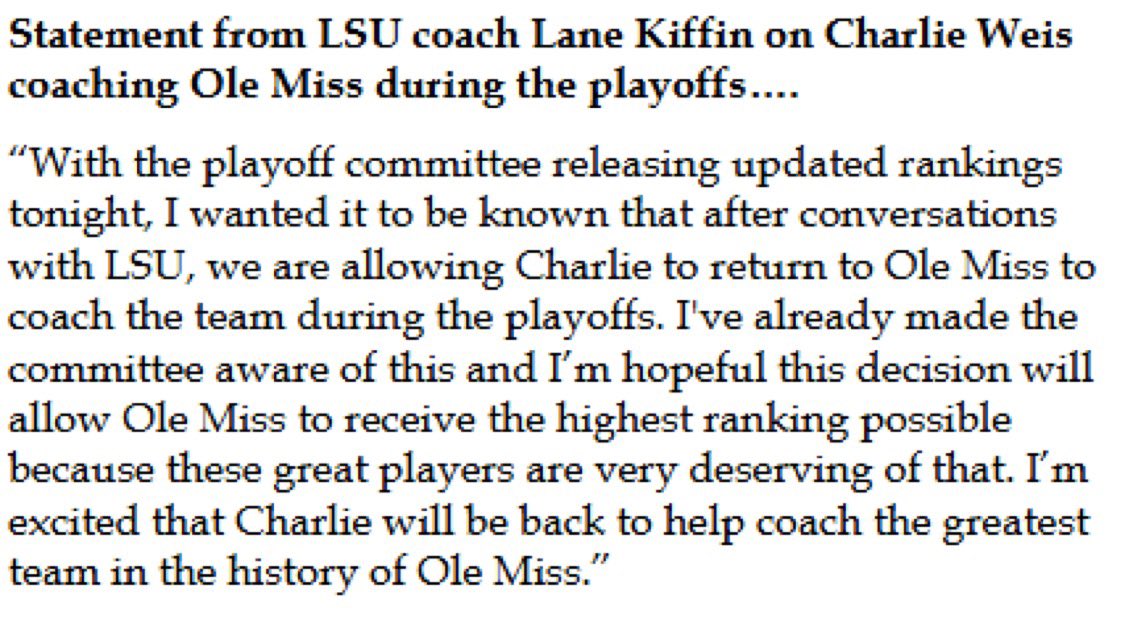 Good guy Lane Kiffin is letting Charlie Weis Jr. coach Ole Miss in the playoffs!

What a class act