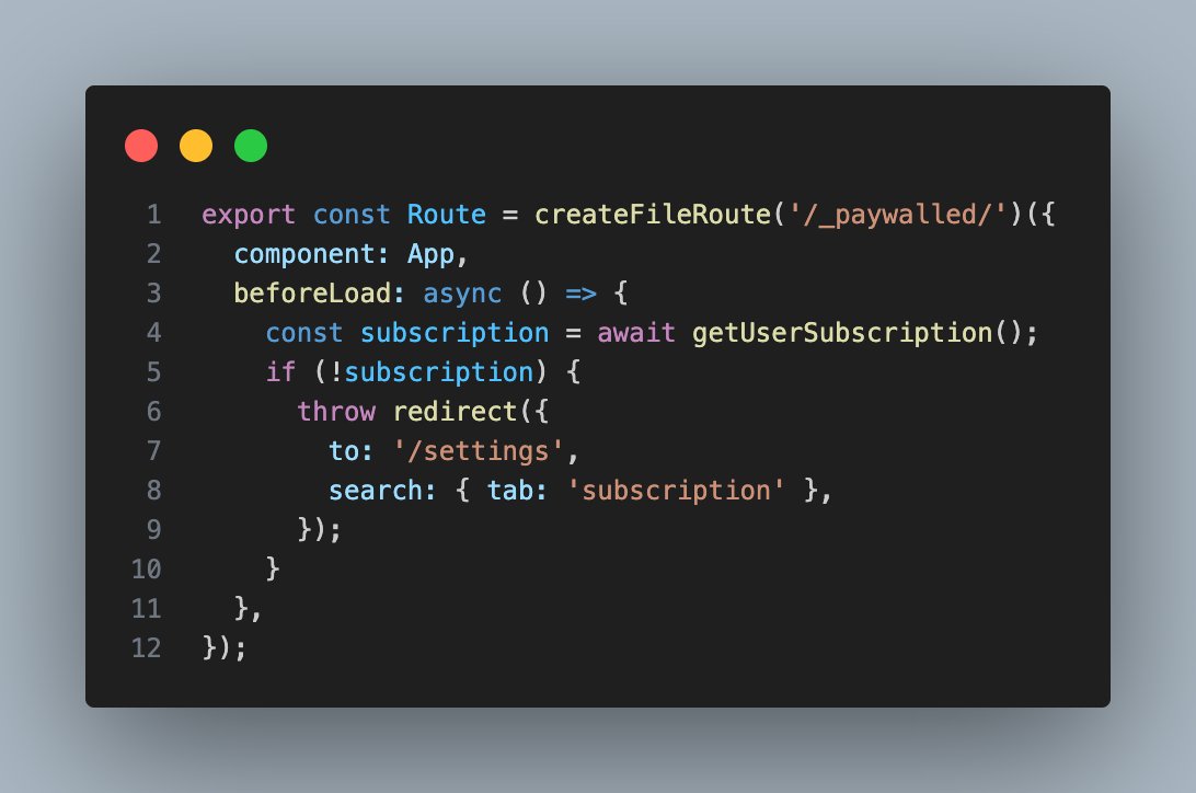 nanodlfa's tweet image. Chaining TanStack Start middlewares to ensure auth+subscription routes. 100% type-safe. This is all you need.

@tan_stack 🚀