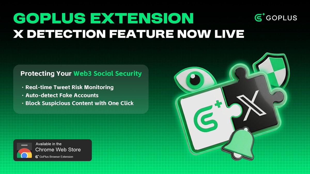 GoPlusSecurity's tweet image. GoPlus Extension Updated | X Detection Feature Now Live

🔍 Real-time Tweet Risk Monitoring
⚠️ Auto-detect Fake Accounts
🛡️ Block Suspicious Content with One Click

Protecting Your Web3 Social Security