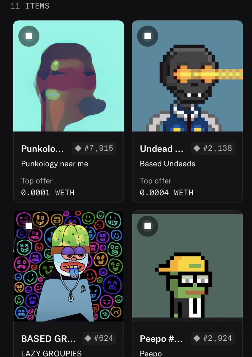 Sent a buddy a loaded 4 pack of up n coming Base NFTs

I don’t think Punkology have an @
<a href="/peepo_nfts/">Peepo</a> 
<a href="/BasedUndeads/">Based Undeads</a> 
<a href="/LazyGroupies/">Lazy Groupies</a> 

What should he checkout next?