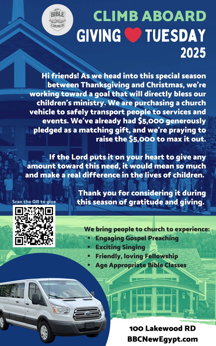 The giving season is always a special time. This year we are purchasing a church vehicle to safely transport people to services &amp; events. We've already had $5k generously pledged as a matching gift, &amp; we need to raise $5k to max it out.

Here is the link:

bbcnewegypt.breezechms.com/give/online