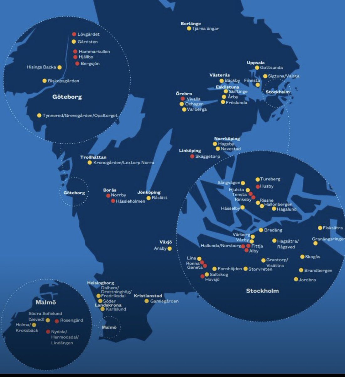 MagnusRanstorp's tweet photo. Polisens lägesbild över utsatta områden. Röda är särskilt utsatta. 

På Folk &amp; Försvars rikskonferens 2024 ställde jag frågan till politiker - var är den nationella planen som vänder utvecklingen? Behöver ta ett helhetsgrepp! https://t.co/vYyHURtlnJ