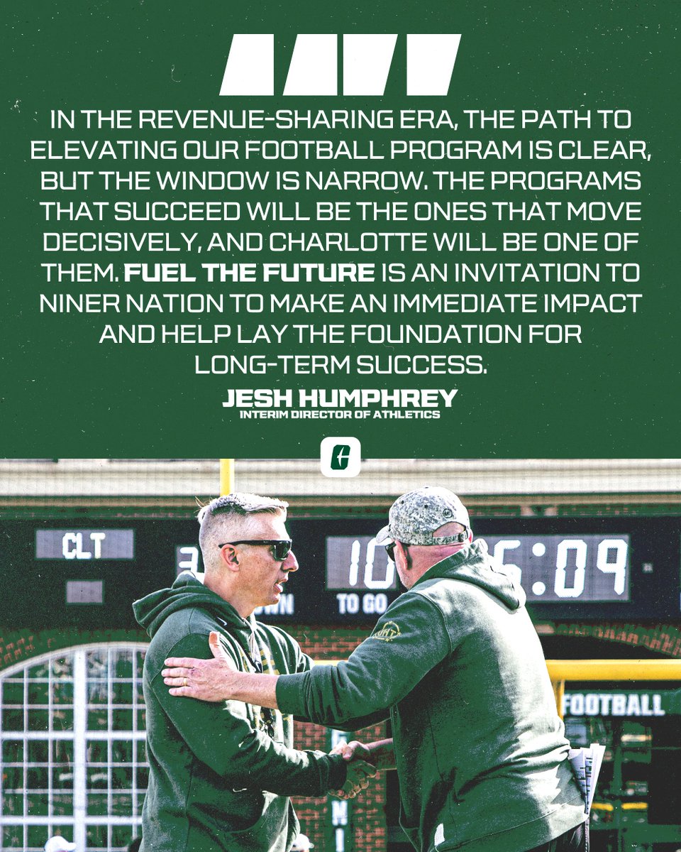 𝗙𝗨𝗘𝗟 𝗧𝗛𝗘 𝗙𝗨𝗧𝗨𝗥𝗘 is an invitation to Niner Nation to make an immediate impact and help lay the foundation for long-term success.

Invest today to 𝗙𝗨𝗘𝗟 𝗧𝗛𝗘 𝗙𝗨𝗧𝗨𝗥𝗘 »clt49e.rs/FueltheFuture