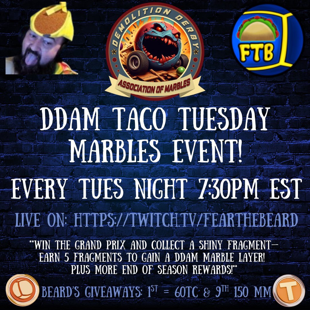 📣🌮Hey @everyone, FearTheBeard, is now live on twitch.tv/fearthebeard !

🔵🌮New Season 65 &amp; Taco Tuesday DDAM Marbles Event!!! Time to beat up yer balls and have some fun!  Come on in and all are welcome!

Giveaways!

December Naughty or Nice $50 Giveaway is active!!!
