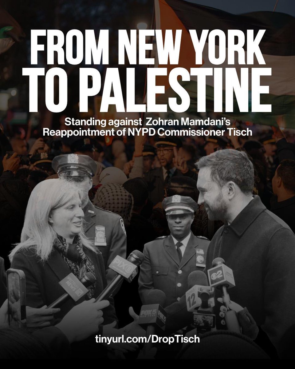 WOLPalestine's tweet image. Zohran Mamdani chose to keep Jessica Tisch as NYPD Commissioner. This betrays his campaign promises and aligns him with the NYPD’s legacy of policing, surveillance, and repression. Join almost 100 orgs standing against this decision. Read and sign the full statement:…