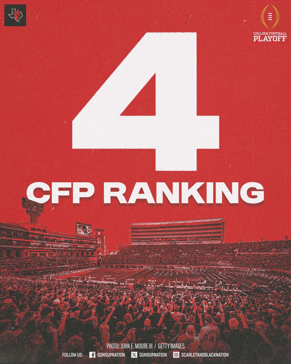 gunsupnation's tweet image. 📈 𝗖𝗙𝗣 𝗥𝗔𝗡𝗞𝗜𝗡𝗚: The Red Raiders move up to No. 4️⃣ in the penultimate College Football Playoff rankings!
