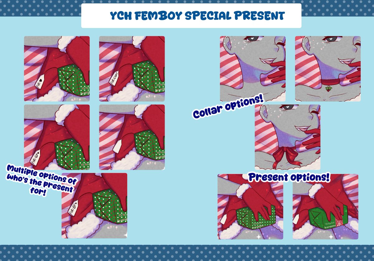 FEMBOY SPECIAL PRESENT YCH 🎁
For all my femboy fellas that would like to send a "special gift" to someone~

◆ PRICE: 30$ / R$45

I'll be taking 3 slots, please see link below!
♥️and🔁are appreciated! (❁´◡`❁)