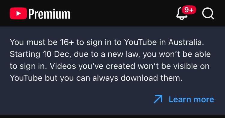 Everyone under age 16 in Australia just got this notification from YouTube. Everyone under 16 will no longer be able to sign-in, block channels, disable ads, or browse anything other than the default algorithm moving forward. Brain dead decision-makers.