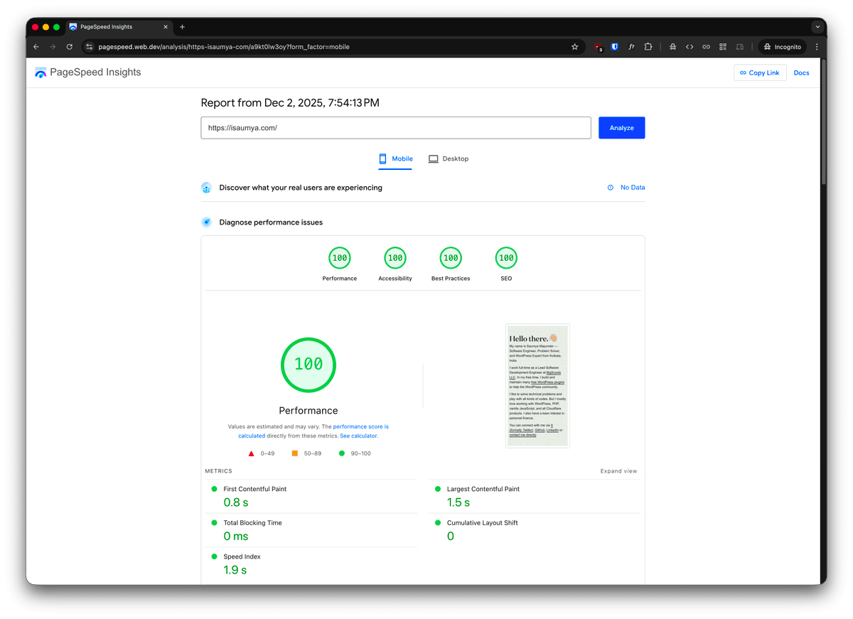 Never checked for my personal site before. 😅
Not bad, I guess. 😀
