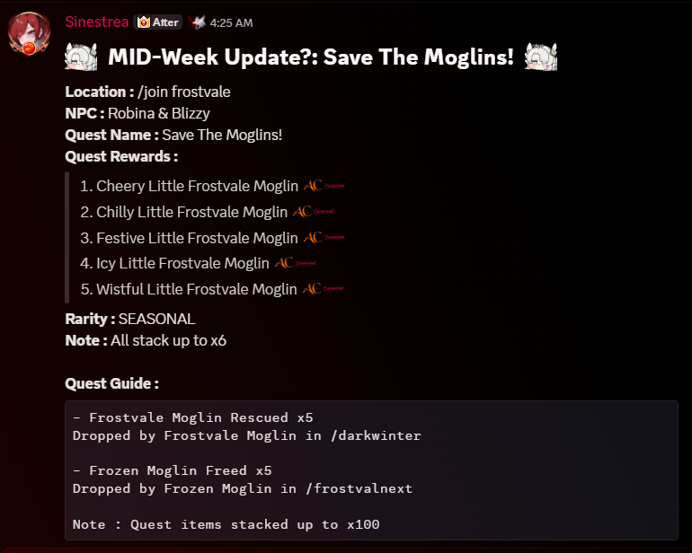 Datenshi6699's tweet photo. ❄️ MID-Week Update?: Save The Moglins! ❄️

/join frostvale &amp; talk to Robina &amp; Blizzy
One new quest just popped up!
A group of wandering DragonFable moglins needs rescuing. 
Help them out and they’ll stay in your house, bringing cozy vibes 🥹

* SEASONAL AC TAGGED
* Stack up to x6 https://t.co/uQDcyMCevr
