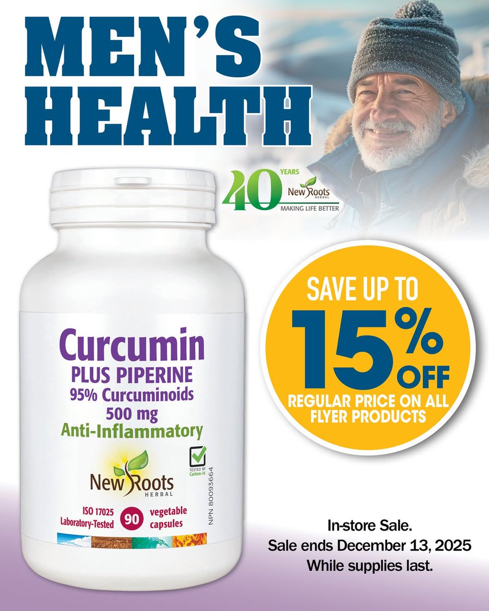 InfoNaturally's tweet image. New Roots Herbal’s Curcumin is standardized to contain 95% curcuminoids, the marker compound recognized in herbal medicine to help relieve joint inflammation.
Visit us in-store and save 15% OFF — while supplies last!
📷Sale ends December 13, 2025. This is an in-store sale only.